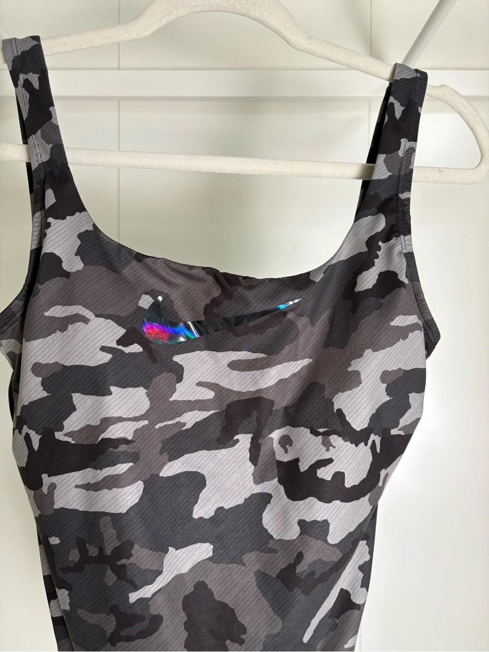 Nike Women's Grey Camo One-Piece Swimsuit with holographic swish